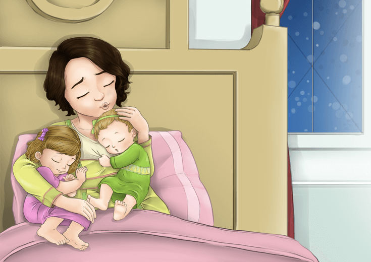 Queen embracing her two sleeping daughters.