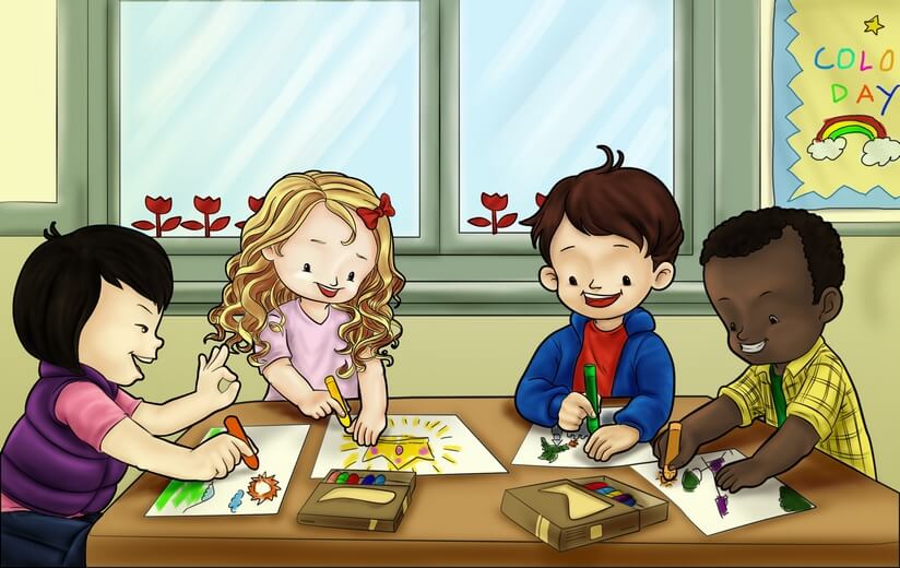 A boy and a girl drawing in a classroom setting.