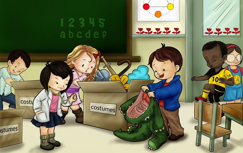 Students getting ready for a costumed drama performance.