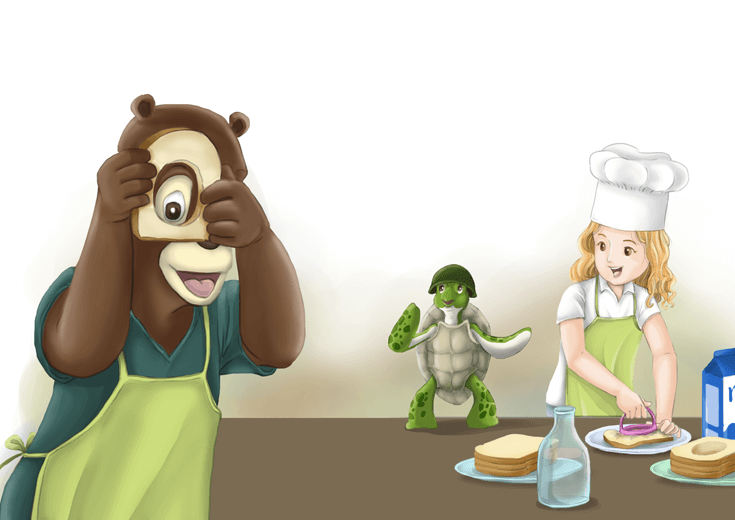 A bear looking through a hole in a slice of bread.