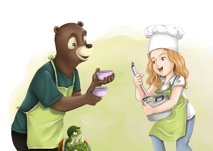 Bear with cookie molds as Ava mixes dough.