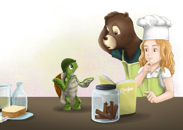 Ava and her helpers looking confused while reading a recipe book.