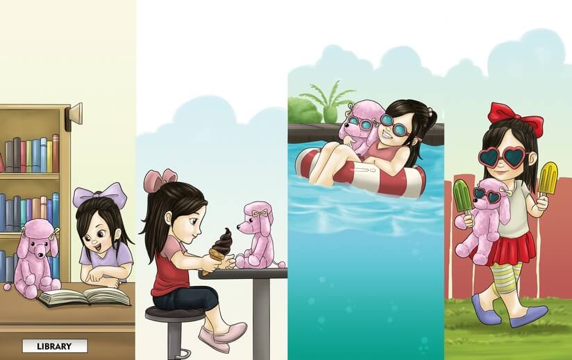 A girl playing or doing various activities with her poodle doll.