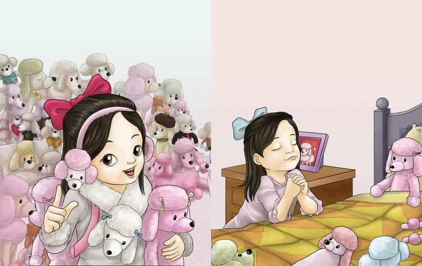 A girl with her poodle doll collection, wishing for a real puppy.