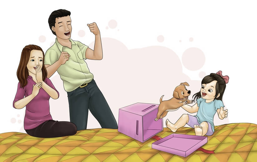 Parents gifting their daughter a real puppy.