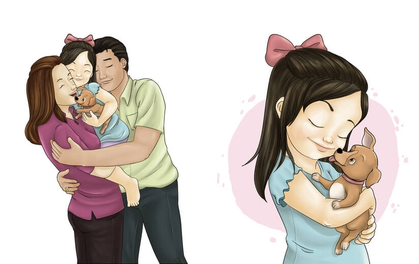 A family embracing, with the daughter thanking them for the puppy.