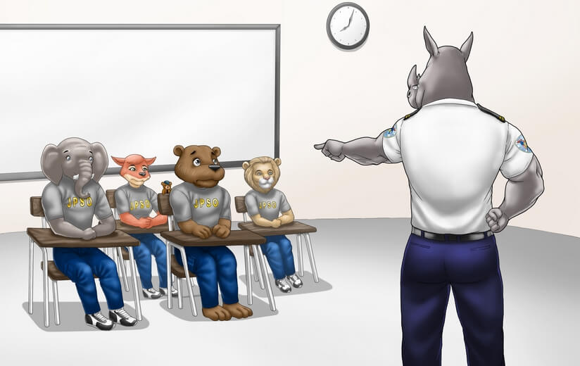 A bear cadet alongside friends in a police classroom during training.