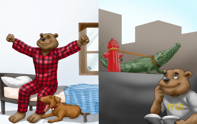 A bear cadet waking up cheerfully in the morning.