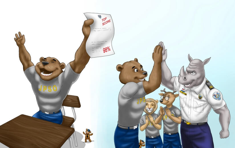 A bear cadet achieving a high score on the final police exam.