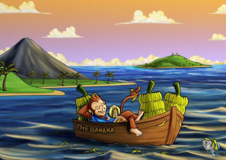 Monkey enjoying a quiet evening on a boat while eating bananas.