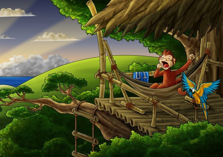 Monkey waking up to a sunrise from his bamboo treehouse.
