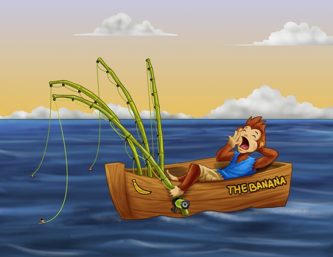 A monkey sleeping on a fishing boat with four fishing rods.