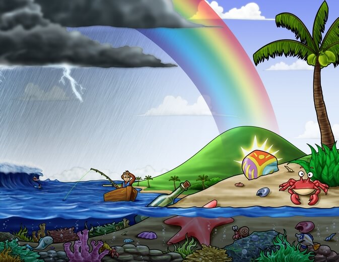 A monkey noticing a glowing gem at the end of a rainbow.