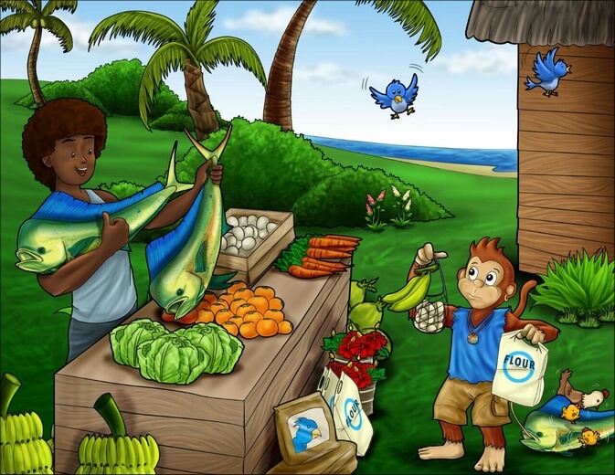 Monkey exchanging fish for goods like bananas and flour.