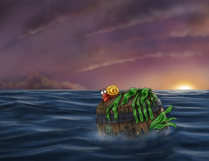 A floating barrel covered in seaweed.