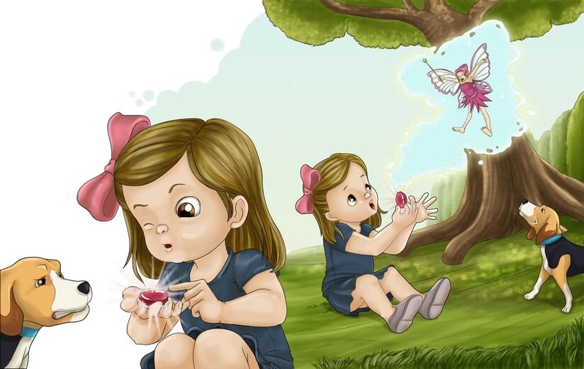 A girl discovering a magic wishing rock that summons a fairy.