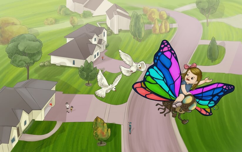 A girl riding a butterfly over her hometown.