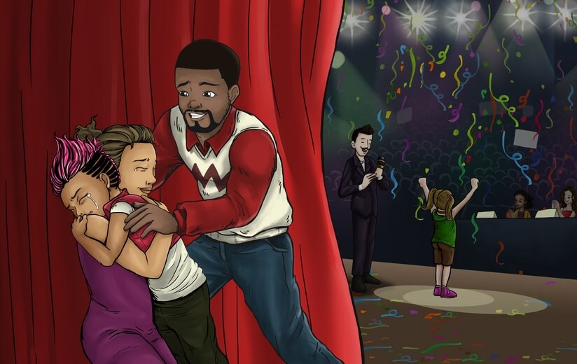 Parents encouraging their sad daughter after she didn't win a dance competition.