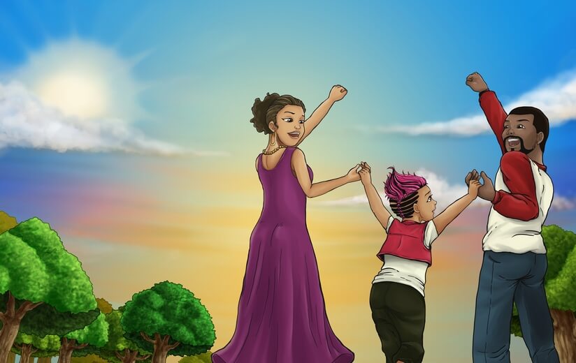 A girl and her parents, filled with confidence for her bright future.