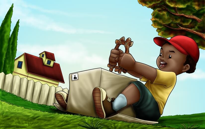 A boy playing alone in the backyard.