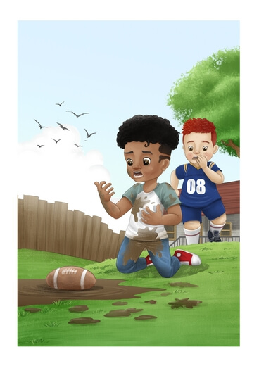 A boy covered in mud after being splashed in the schoolyard.