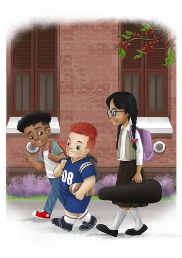 A boy and his friends walking home, with the boy clearly worried about tomorrow's big test.