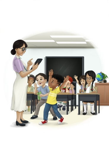 A boy and his friends celebrating their good test scores.