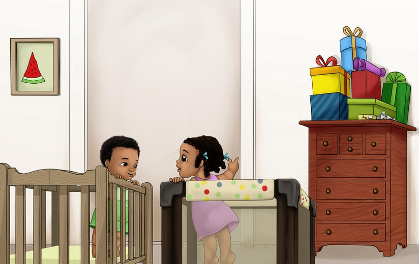 A girl and her younger brother in their cribs, looking at gift boxes on a cupboard.