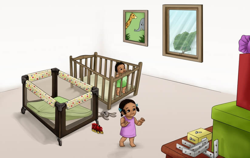 A girl outside her crib, walking towards a cupboard to reach gift boxes.