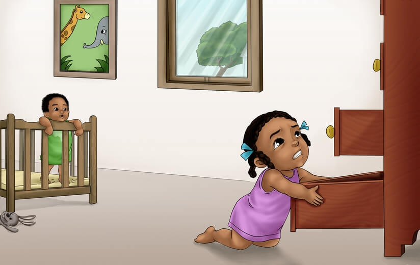 A girl using drawers as stairs to get to gift boxes.