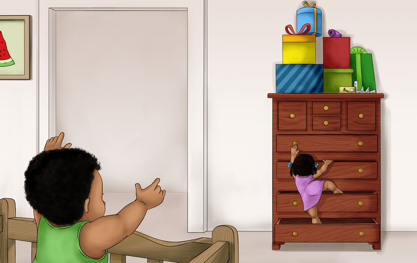 A girl using drawers as a ladder to reach gift boxes.