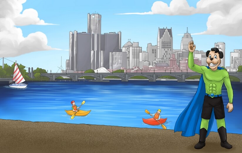 Champ the dog stands before a river with a city skyline in the background.