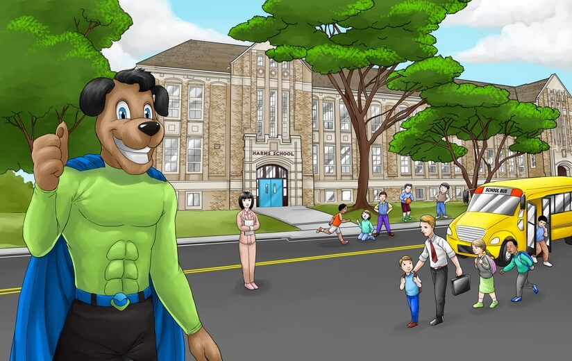 Champ the dog watching healthy children arrive at school in the morning.