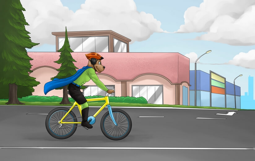 Champ the dog riding a bicycle to his various destinations.