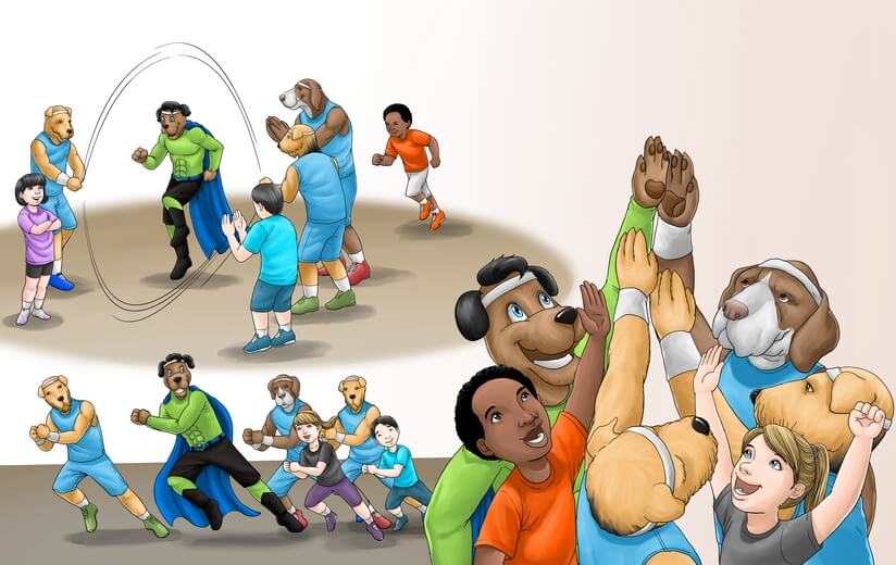 Champ the dog motivating children to participate in exercises.