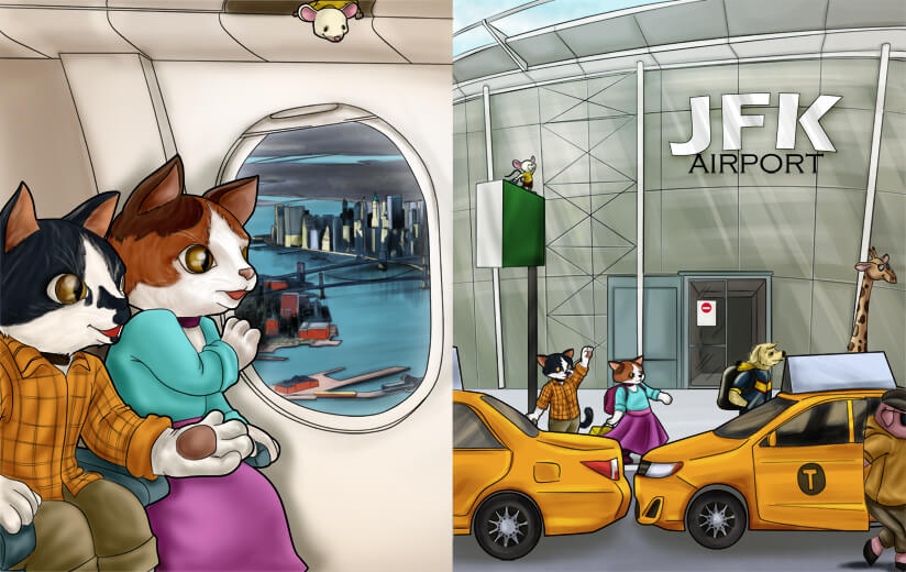 Chester and Mitten arriving at JFK airport.