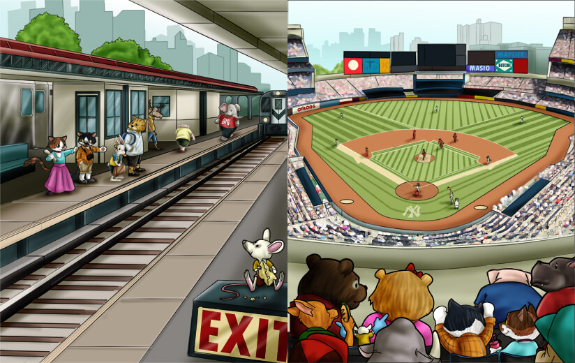 Chester and Mitten watching a baseball game in a stadium.
