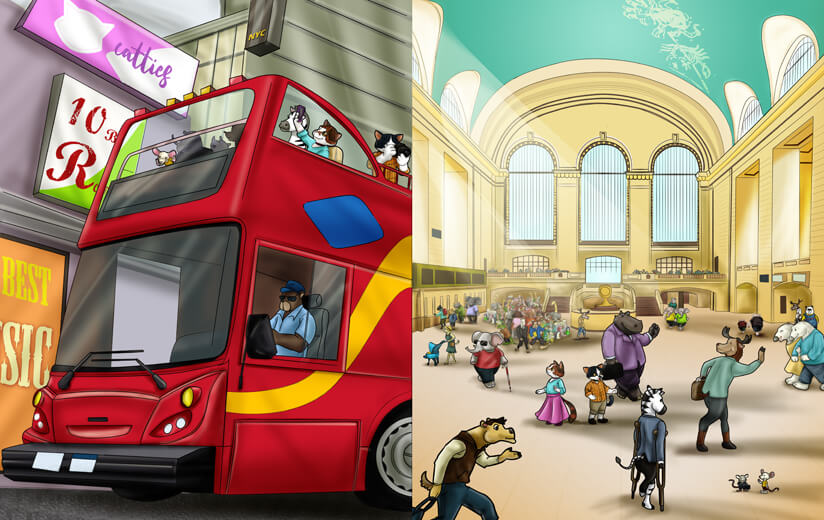 Chester and Mitten inside Grand Central Station.