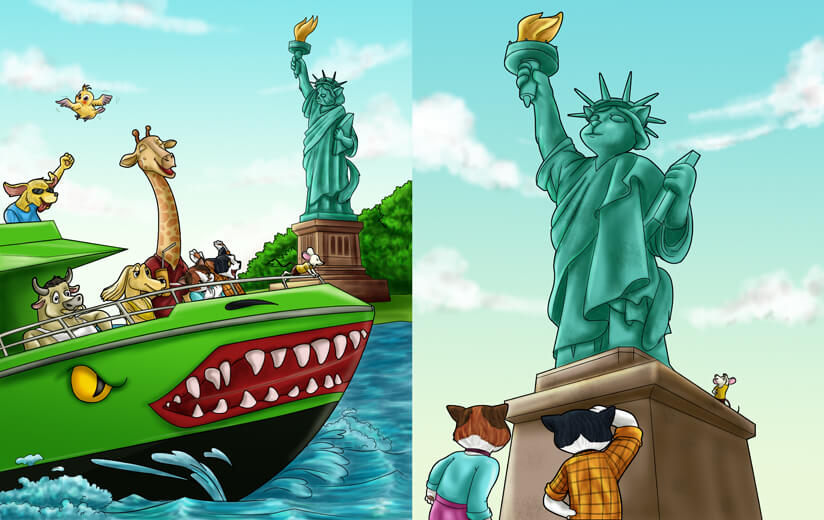 Chester and Mitten on a boat trip to Liberty Island.
