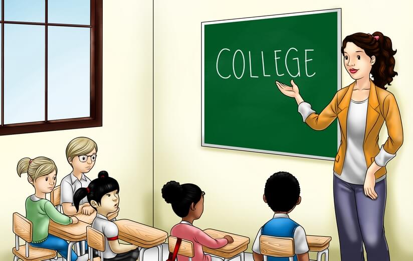A teacher giving a presentation to students about higher education.