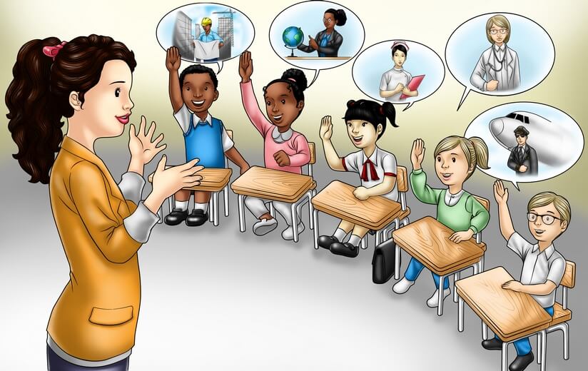 A teacher asking students about their career aspirations.