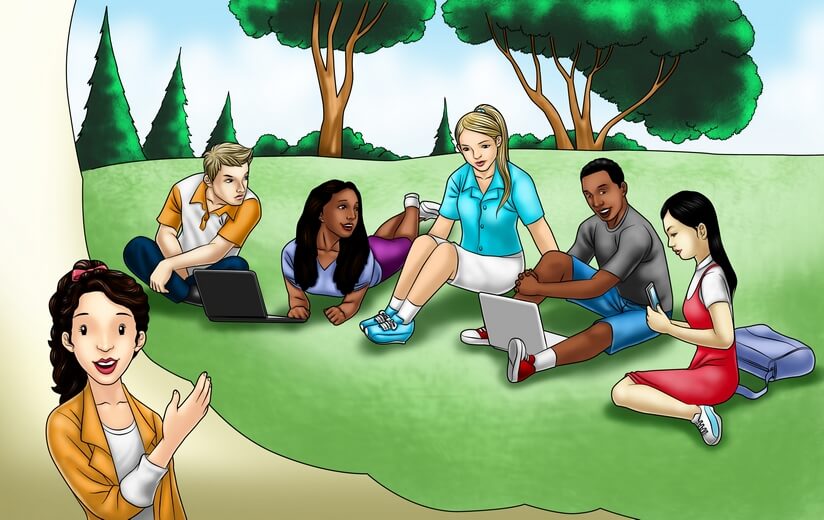 A teacher explaining college life to her students.