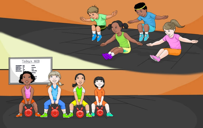 Children doing various exercises in a gym.