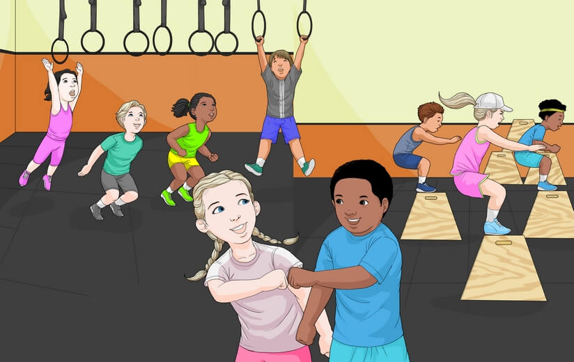 Children doing various exercises in a gym.