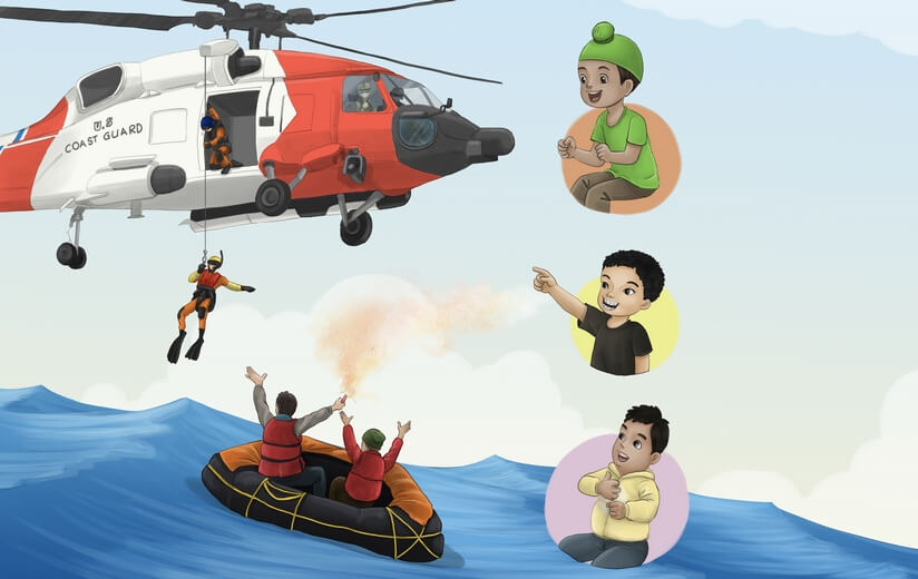 Children of navy moms describing their mothers rescuing people from a helicopter.