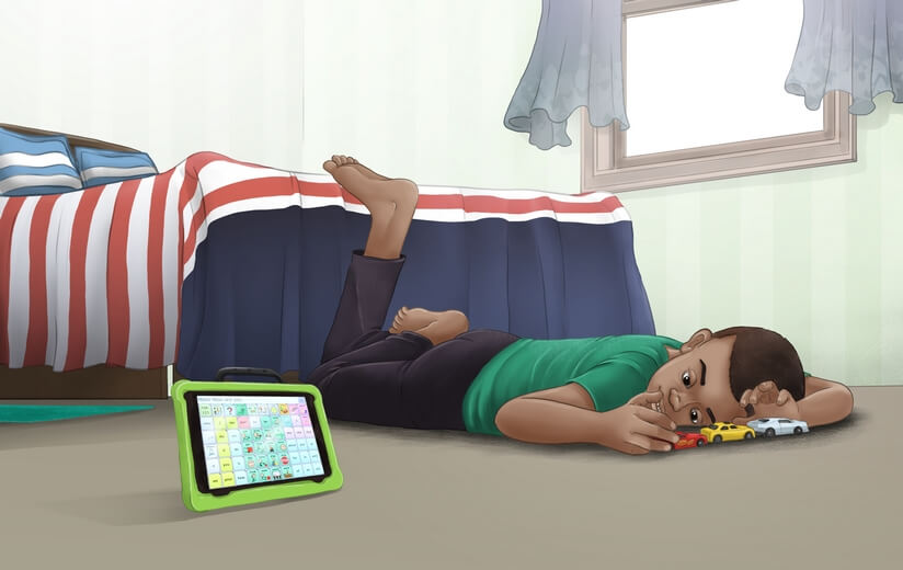 A boy with autism spectrum playing alone with his toy cars in his bedroom.