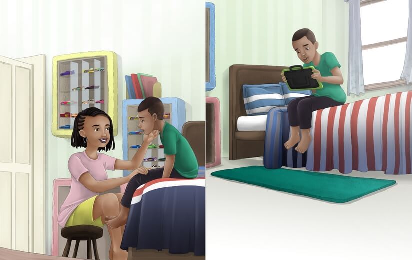 A mother interacting with her son, who is on the autism spectrum, in his bedroom.