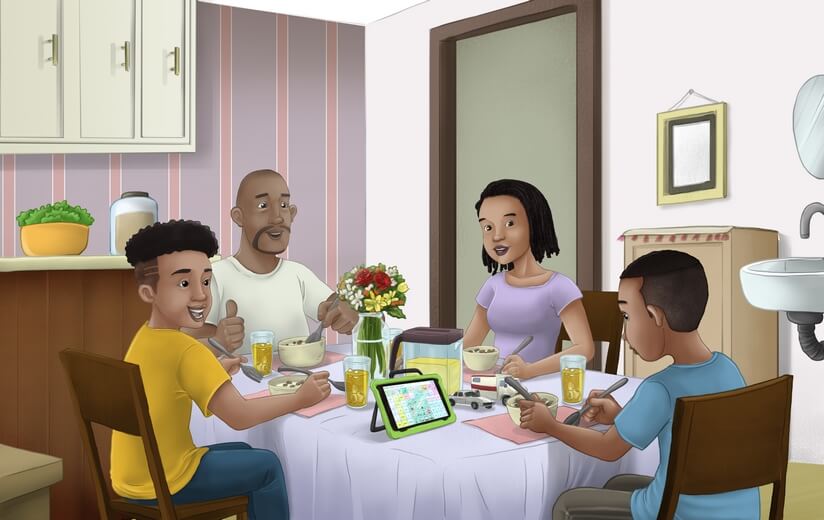 A family having lunch in their dining room, where their son with autism spectrum is playing with toy cars on the table.