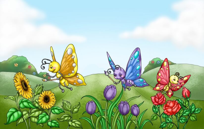 Butterflies painting flowers to match their wing colors.