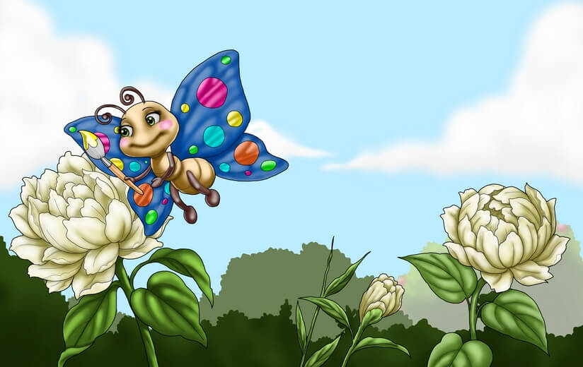 A colorful butterfly getting ready to paint a white flower.